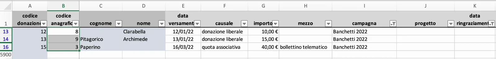 Il foglio Donazioni di ETS Km. Zero: causale, importo, campagna e data di ringraziamento